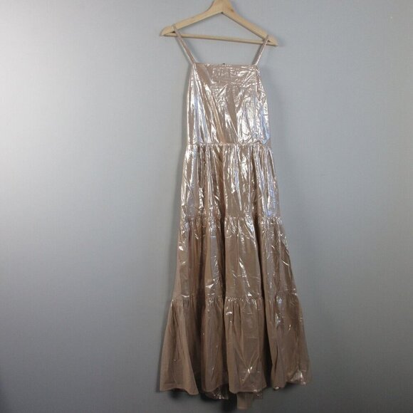 Gap Women's Maxi Dress Halter L Metallic Gold Viscose Rayon Tiered Cocktail 280 - Picture 1 of 13